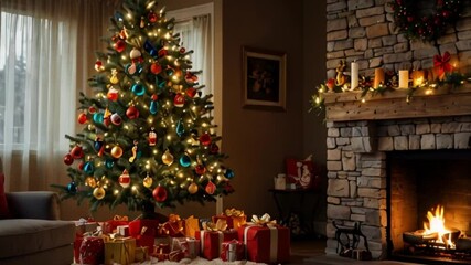 christmas tree and fireplace in living room