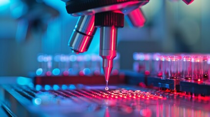 Poster - A microscope is focused on a slide with a drop of liquid on it