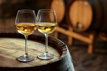 Close up of two glasses of white wine on wooden barrel