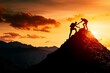 © JP STUDIO LAB - Two business professionals on a mountain peak, one helping the other climb, symbolizing teamwork and success under a vibrant sky
