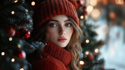 a beautiful fashion model for winter wearing red sweater, christmas vibe background