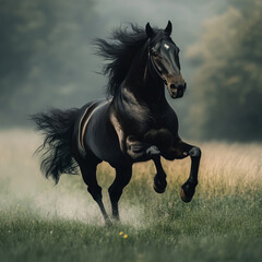 majestic horse galloping through misty meadow, showcasing its powerful physique and flowing mane. scene captures beauty and grace of this magnificent animal in motion