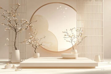 Sticker - The Chinese-style background and beige minimalist stage design have a flat product display stand in the center of the composition