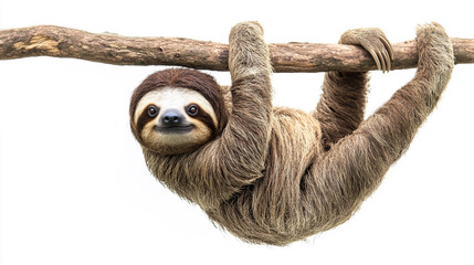 A sloth hangs upside down from a branch in a bright and serene natural setting