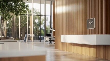 Poster - A sleek wall clock with minimalist hands complements a contemporary home office setup featuring a white desk and designer lamp, creating a serene workspace atmosphere