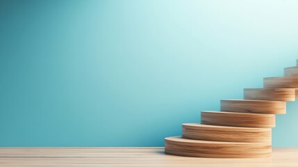Poster - The photo showcases a clean, modern spiral wooden staircase gracefully rising against a calming pastel blue wall, creating a serene and inviting atmosphere