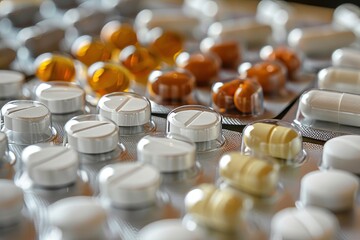 An arrangement of medicine pills and capsules, portraying the diverse range of available treatments. , background blur