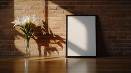 Poster - A modern A4 frame with a simple black border leans against a textured brick wall, accompanied by a vase of white lilies, creating a serene atmosphere with soft natural light