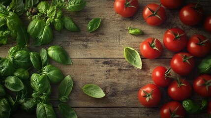 top view of fresh farmer tomatoes and basil leaves on wooden table with copy space, natural light