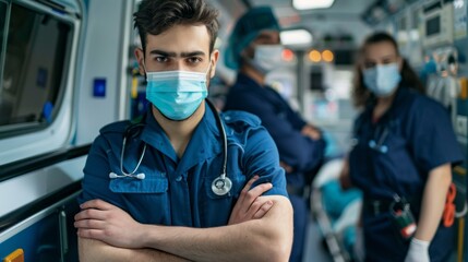 Aufkleber - A man in a blue uniform with a stethoscope is standing in front of a group of pe