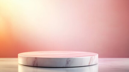 Poster - A polished marble podium rests against a soft pastel background, elegantly reflecting light. This setting is ideal for presenting high-end products with style and sophistication