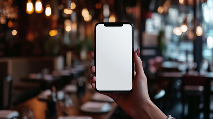 woman's hand holding using smart phone with white blank screen at fall coffee shop, mobile app design and advertising, online marketing