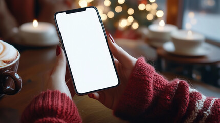 Mockup woman's hand holding using smart phone with white blank screen at Christmas light background, mobile app design and advertising, online marketing