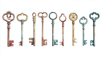 Collection of antique keys with unique designs against a white background showcasing intricate craftsmanship and varying colors