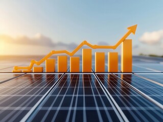 Solar panels on rooftops with a superimposed financial growth chart, green engineering, renewable energy economics