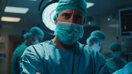 Aufkleber - A man in a green surgical mask stands in front of a group of other people in gre