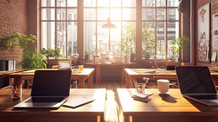 Sunlit Workspace: A modern and inviting office space bathed in warm sunlight streaming through expansive windows, featuring wooden desks, laptops, and greenery.