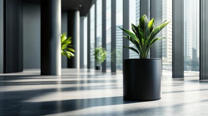 Sticker - A potted plant in a modern office setting with large windows and concrete floors.