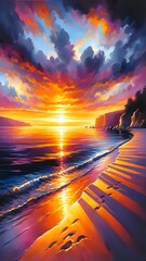 Wall Mural - A tranquil sunset at the beach with footprints leading across the golden sand