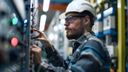 Poster - A man in a white helmet is working on a machine