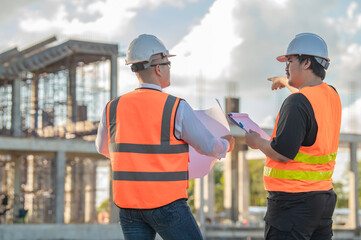 two asian engineer working at site of a large building project,thailand people,work overtime at cons