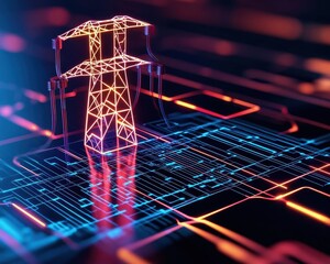 Complex energy grid visualized with efficiency and cost reduction metrics displayed on holograms, power grid optimization, engineering economics