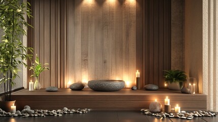 Poster - A stone bowl and candles sit on a wooden platform with rocks scattered around, a minimalist zen spa.