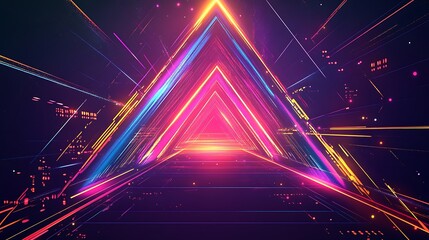 Poster - Abstract glowing neon triangle tunnel with pink, blue, and yellow lights, creating a futuristic and vibrant atmosphere.
