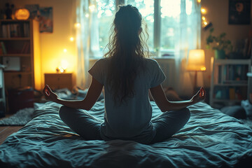 Canvas Print - A person practicing mindfulness meditation in bed, focusing on relaxation and sleep readiness. Concept of mental calm before sleep.