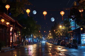 Enchanting mid autumn festival in china lantern lit on city street at night