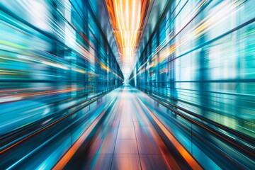 Energetic scene of a corporate hallway with blurred motion