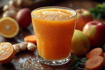 Wall Mural - A fresh, colorful fruit juice made from carrots, apples, and ginger. Concept of a revitalizing, healthy drink.