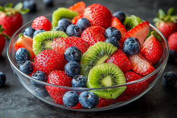 Sticker - A colorful fruit salad featuring kiwi, strawberries, and blueberries in a clear bowl. Concept of healthy, refreshing snacks.