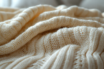 Poster - A close-up of a warm, knitted blanket draped over a neatly made bed, symbolizing comfort and relaxation. Concept of bedtime coziness.