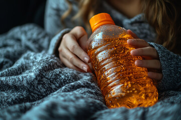 Wall Mural - A close-up of a hot water bottle placed on a person's chest while they lie in bed, illustrating comfort during sickness. Concept of self-care in cold weather.