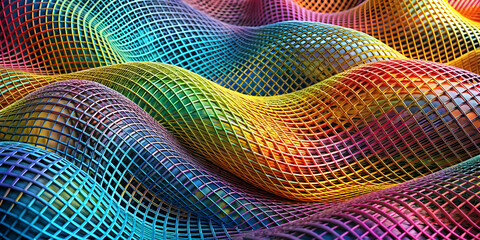 Poster - Rainbow Grid Wave: A vibrant and dynamic abstract background featuring a flowing, wavy grid of interlacing colorful lines. The mesmerizing patterns evoke a sense of energy, movement.