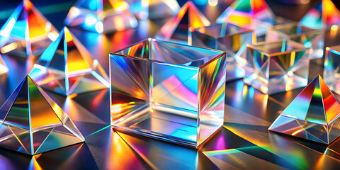 Poster - Prismatic Reflections: A mesmerizing arrangement of crystal prisms and cubes, showcasing vibrant rainbow refractions and intricate geometric patterns. Captivating interplay of light and shadow. 