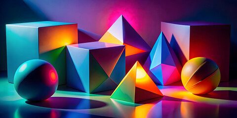 Poster - Neon Geometric Shapes: vibrant, colorful 3D shapes illuminated by neon lights 