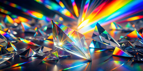 Poster - Prismatic Reflections: A mesmerizing display of light and color as a scattering of glass prisms refracts and reflects a rainbow spectrum, creating a captivating abstract composition.