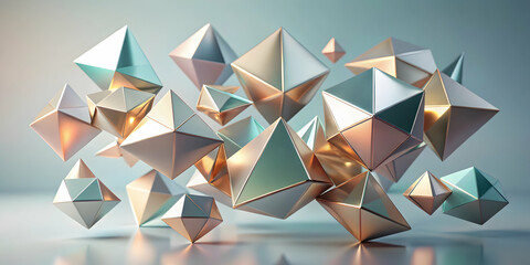 Poster - Floating Geometries: Abstract 3D Render of Shimmering Gold and Teal Polyhedra 