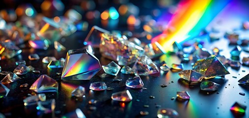Canvas Print - rainbow prism fragments: iridescent crystals scattered on a dark surface, illuminated by a vibrant r