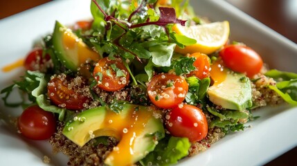 Wall Mural - A colorful quinoa salad featuring fresh avocado slices, ripe cherry tomatoes, and leafy greens, topped with microgreens and a drizzle of lemon dressing, beautifully arranged on a white plate