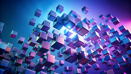 Poster - Digital Symphony: A mesmerizing 3D rendering of vibrant, floating cubes in a dynamic, neon-lit landscape, evoking feelings of innovation and technological advancement.