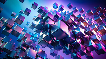 Metallic Cube Swarm: Abstract 3D rendering of a dynamic cluster of metallic cubes in vibrant purple and blue hues, showcasing reflective surfaces and a sense of depth and movement.