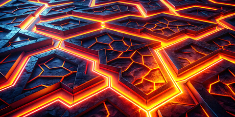 Poster - Molten Hexagons: Abstract 3D Render of Glowing Lava Texture 