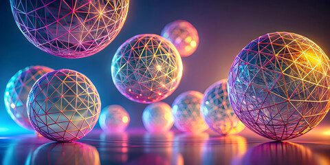 Poster - Interconnected Spheres: A mesmerizing abstract concept with vibrant, illuminated spheres interconnected by delicate, glowing lines, creating a sense of unity and connection.