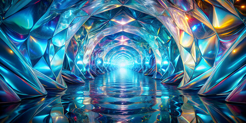 Poster - Chromatic Crystal Tunnel: A mesmerizing digital rendering of a vibrant, iridescent tunnel, reflecting light and color in a kaleidoscopic display. Perfect for backgrounds, sci-fi, fantasy.