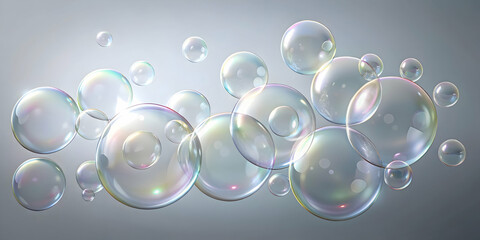 Poster - Iridescent Bubbles: A captivating collection of soap bubbles, shimmering with iridescent colors against a soft gray background.  Perfect for concepts of purity, cleanliness, and ethereal beauty. 