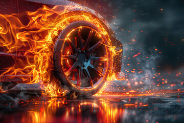 Burning Rubber:  A blazing red car wheel engulfed in flames, a mesmerizing spectacle of power and speed.  The intense heat and smoke create an abstract, artistic composition.