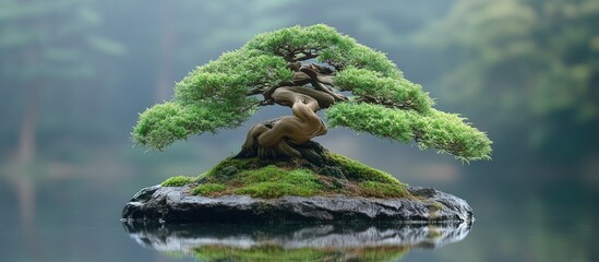 Wall Mural - A bonsai tree with a twisted trunk sits on a rock in a pond, with a reflection in the water.